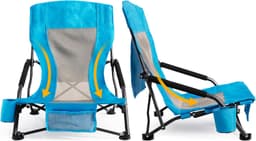 2-Pack Portable Folding Beach Chairs – Lightweight Low Back with Cup Holder & Pocket, 300lbs Capacity (Blue)